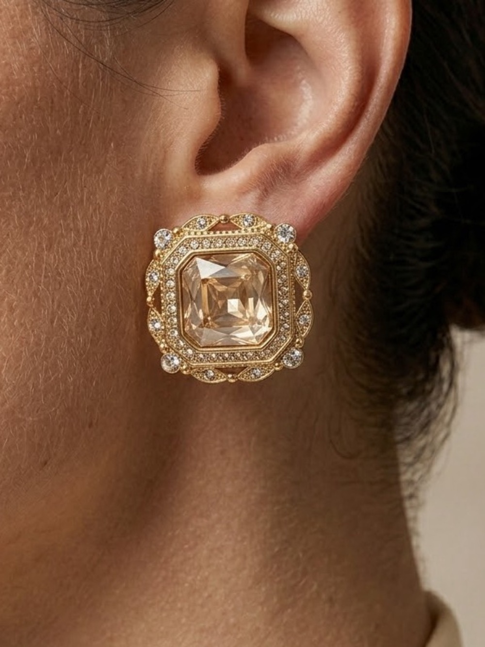 New Amimi Vintage Square Champagne Crystal Gold Rhinestone Stud Earrings S925